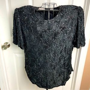 Laurence Kazar New York Black Bead & Sequin Top 2X Evening Rayon Vintage Blouse